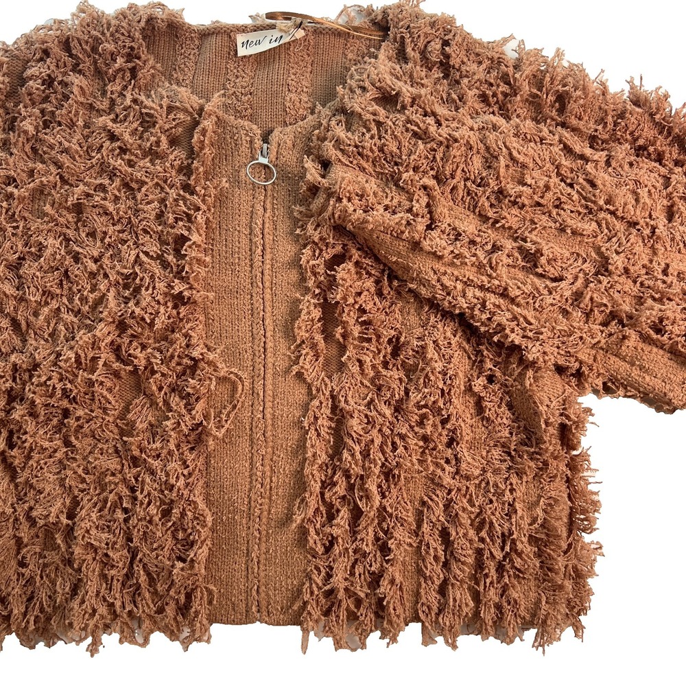 Women's Sweater Sz M Medium Brown Shaggy Fringe‎ Cropped  Zip-Up NWT